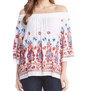 Karen Kane Large‎ White Pink Floral Embroidered Off Shoulder Top 3/4 Slv Boho
